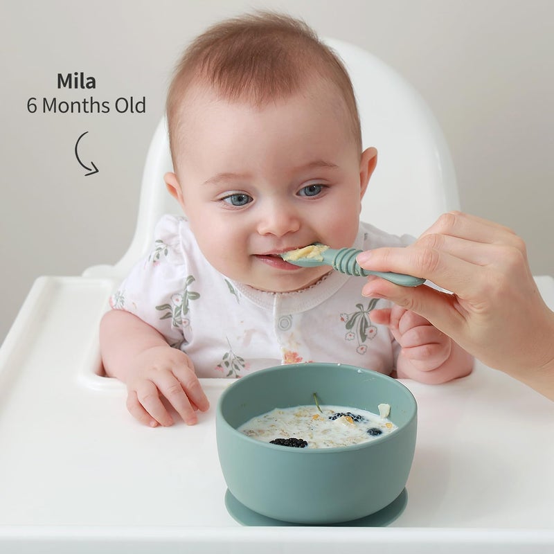 SAMiGO Silicone Baby Bowl and Spoon Set with Suction and Lid, First Stage Self Feeding Essentials, Food Bowl for 6+ Months - Image 4